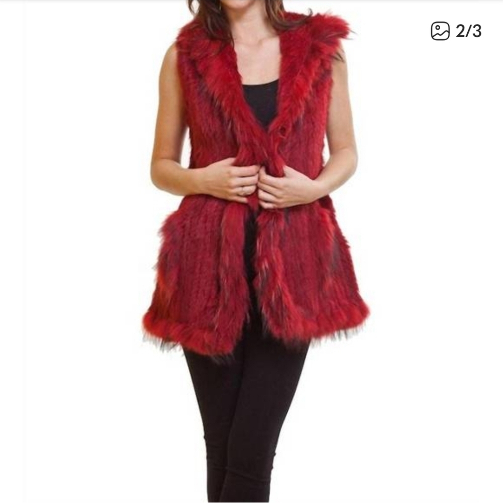 Red Rabbit Fur Vest With Hood By Love Token Size XS NWOT